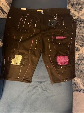 Black Distressed Paint-Splatter Shorts with Purple & White details